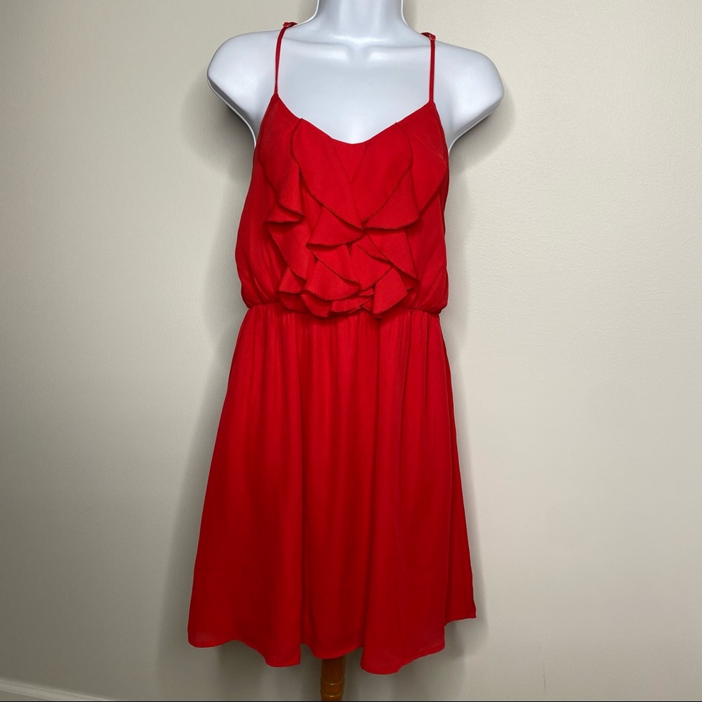 Anthropologie bird cage spaghetti strap red ruffle dress size medium